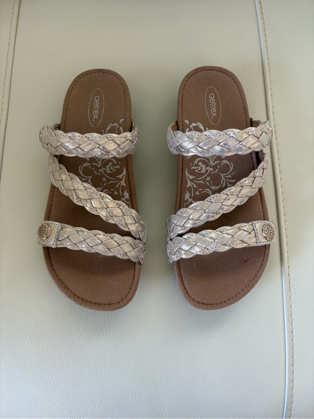 Aetrex Women's Braided Slide Sandal in Metallic Silver